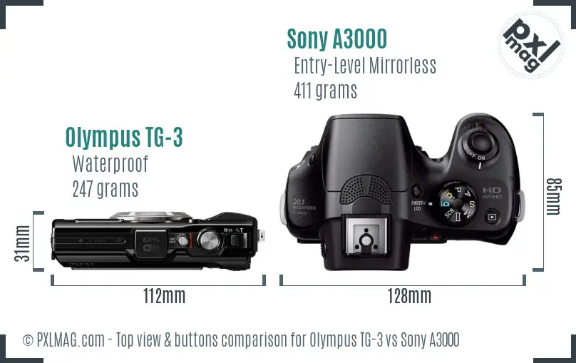 Olympus TG-3 vs Sony A3000 top view buttons comparison