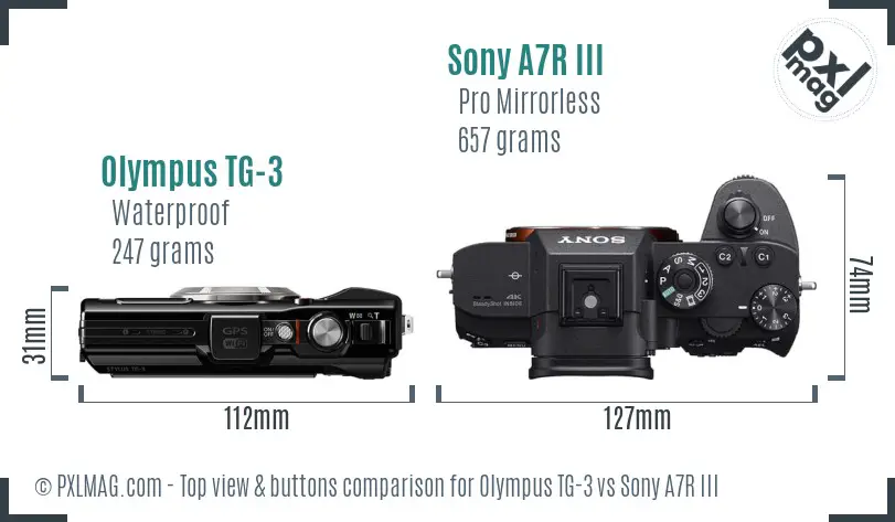 Olympus TG-3 vs Sony A7R III top view buttons comparison