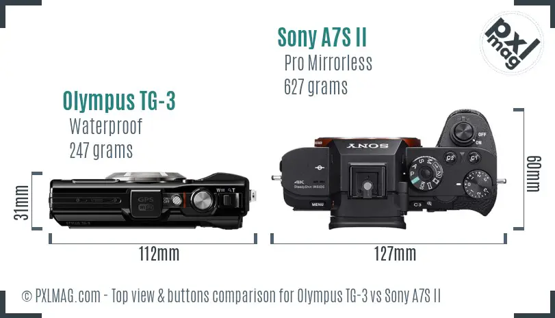 Olympus TG-3 vs Sony A7S II top view buttons comparison