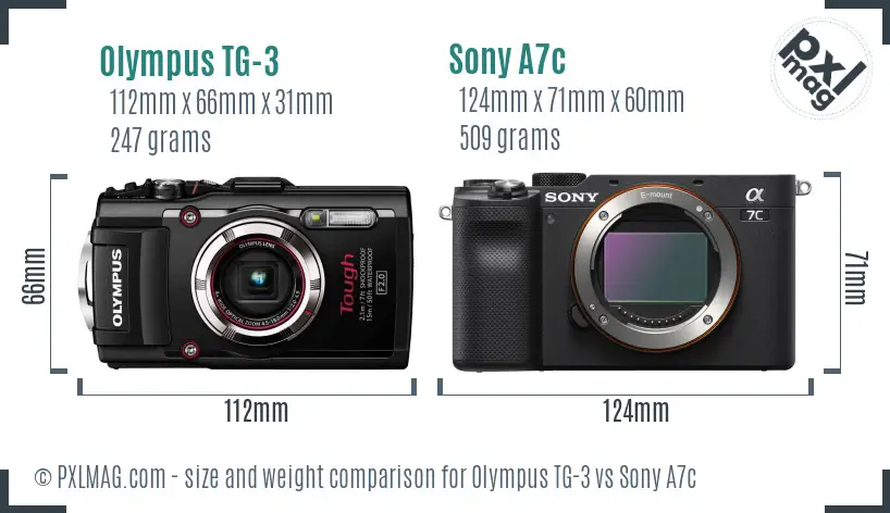 Olympus TG-3 vs Sony A7c size comparison