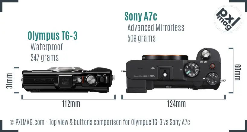 Olympus TG-3 vs Sony A7c top view buttons comparison