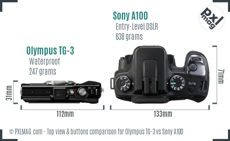 Olympus TG-3 vs Sony A100 top view buttons comparison