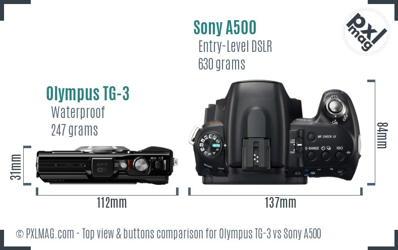 Olympus TG-3 vs Sony A500 top view buttons comparison