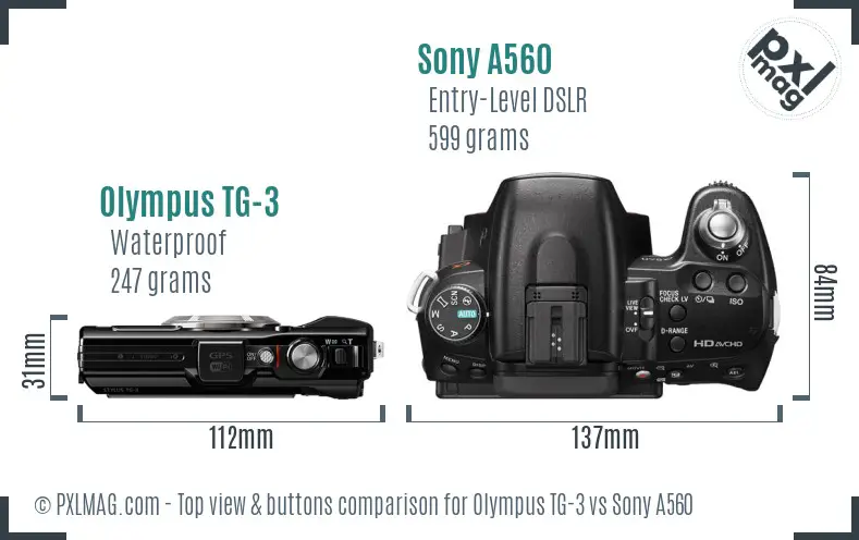 Olympus TG-3 vs Sony A560 top view buttons comparison