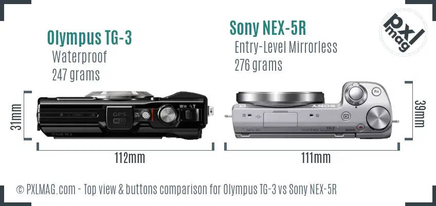 Olympus TG-3 vs Sony NEX-5R top view buttons comparison