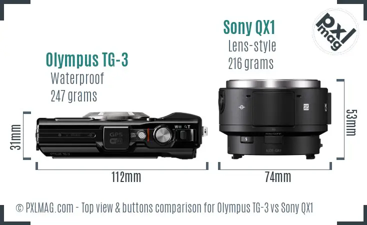 Olympus TG-3 vs Sony QX1 top view buttons comparison