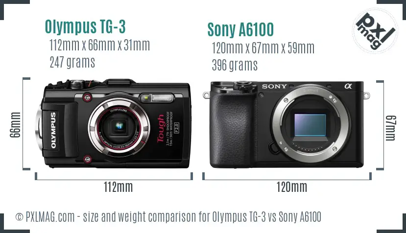 Olympus TG-3 vs Sony A6100 size comparison