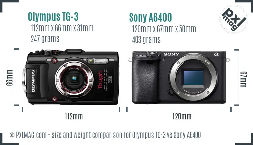 Olympus TG-3 vs Sony A6400 size comparison
