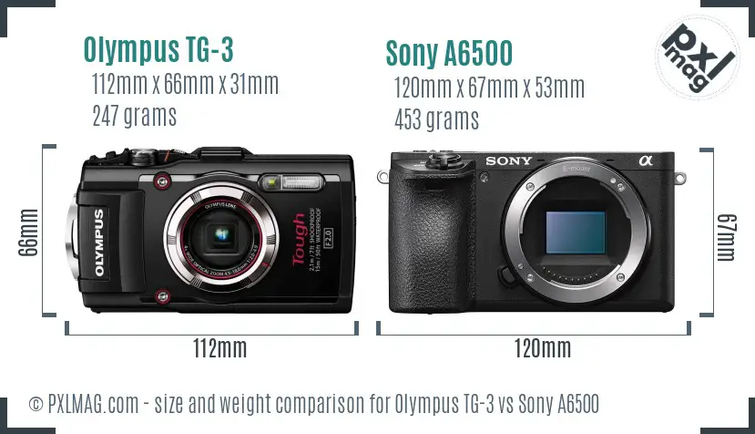 Olympus TG-3 vs Sony A6500 size comparison