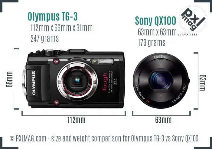 Olympus TG-3 vs Sony QX100 size comparison
