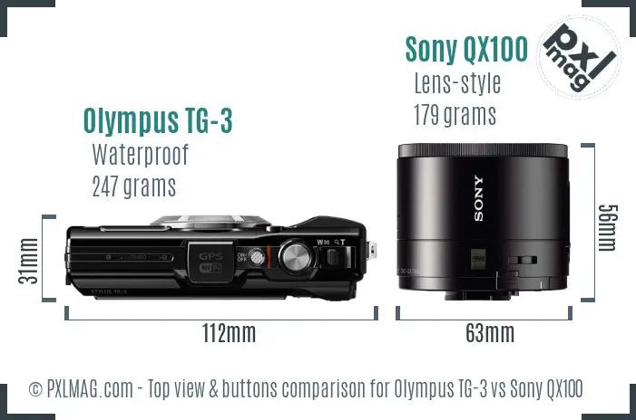 Olympus TG-3 vs Sony QX100 top view buttons comparison