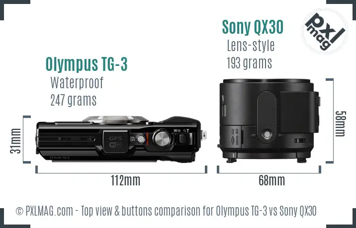 Olympus TG-3 vs Sony QX30 top view buttons comparison