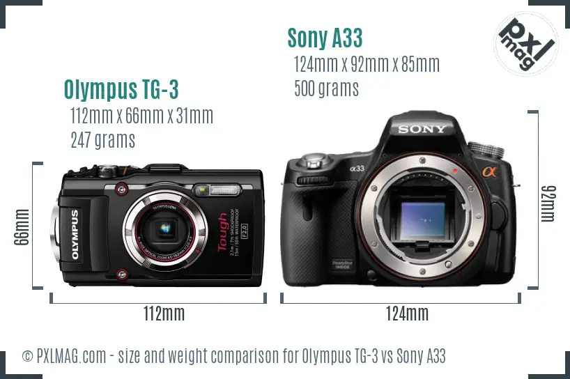 Olympus TG-3 vs Sony A33 size comparison