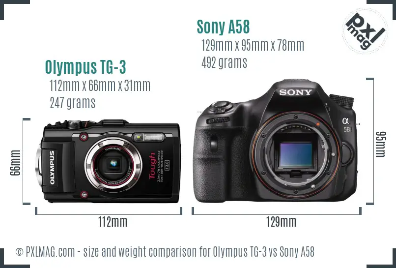 Olympus TG-3 vs Sony A58 size comparison