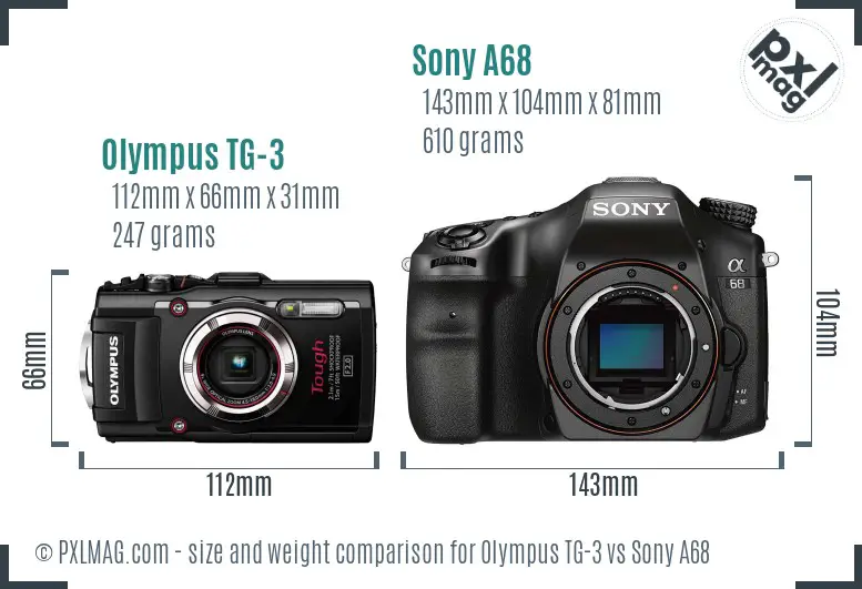 Olympus TG-3 vs Sony A68 size comparison