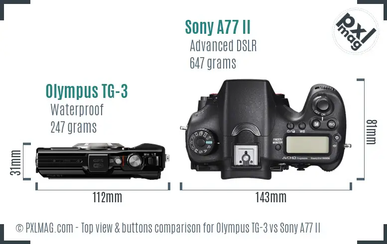Olympus TG-3 vs Sony A77 II top view buttons comparison