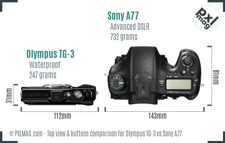 Olympus TG-3 vs Sony A77 top view buttons comparison