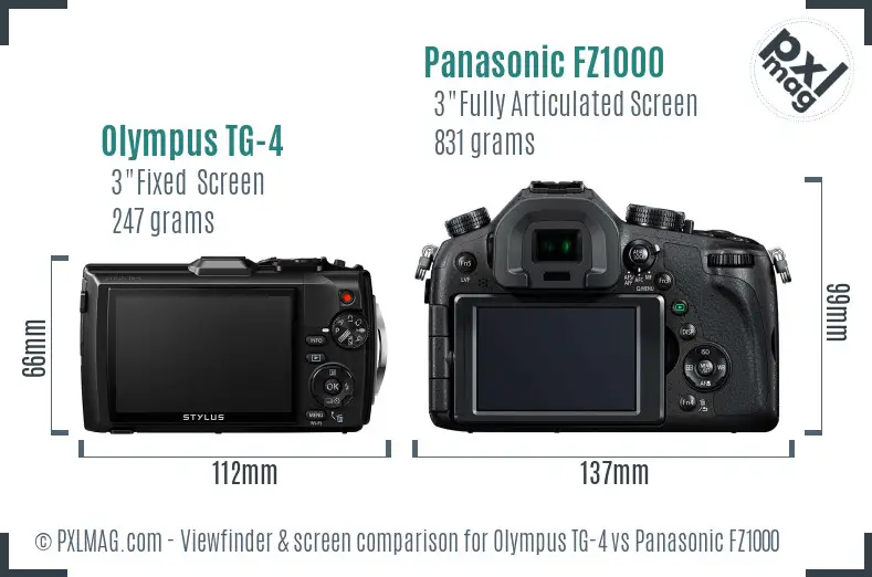 Olympus TG-4 vs Panasonic FZ1000 Screen and Viewfinder comparison