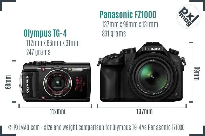 Olympus TG-4 vs Panasonic FZ1000 size comparison