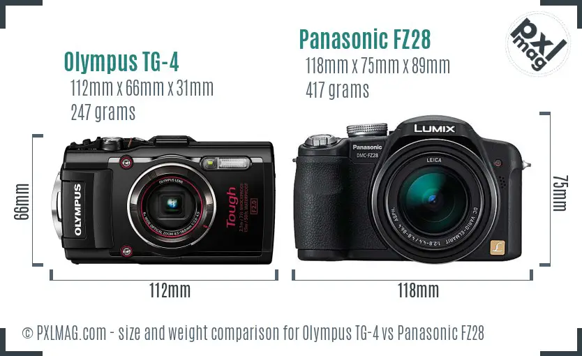 Olympus TG-4 vs Panasonic FZ28 size comparison