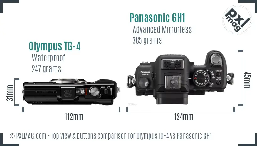 Olympus TG-4 vs Panasonic GH1 top view buttons comparison Olympus TG-4 vs Panasonic GH1 top view buttons comparison