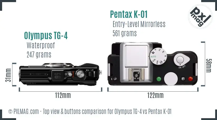 Olympus TG-4 vs Pentax K-01 top view buttons comparison