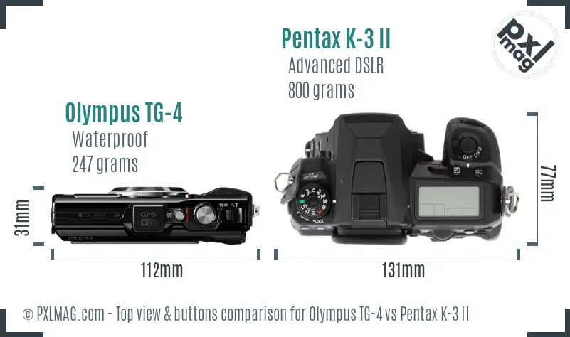 Olympus TG-4 vs Pentax K-3 II top view buttons comparison