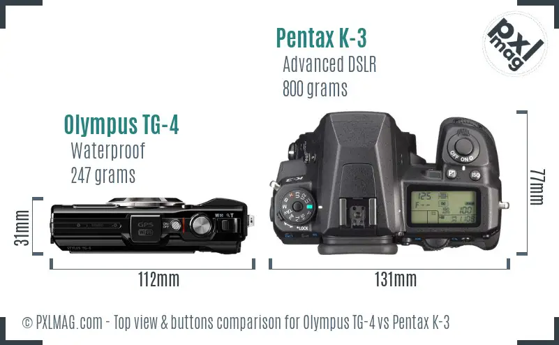 Olympus TG-4 vs Pentax K-3 top view buttons comparison