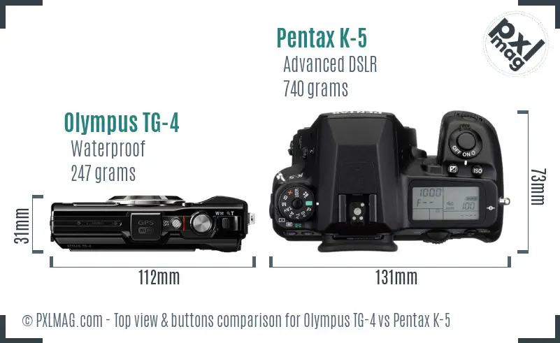 Olympus TG-4 vs Pentax K-5 top view buttons comparison