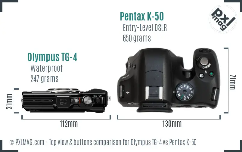 Olympus TG-4 vs Pentax K-50 top view buttons comparison