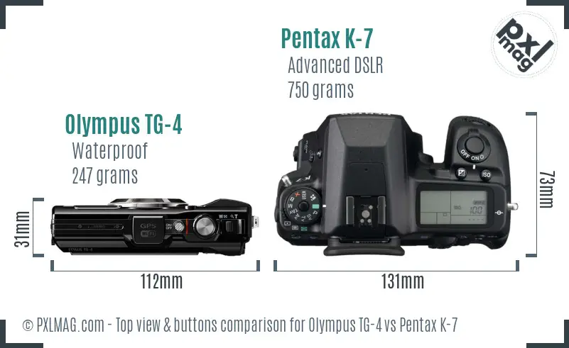 Olympus TG-4 vs Pentax K-7 top view buttons comparison