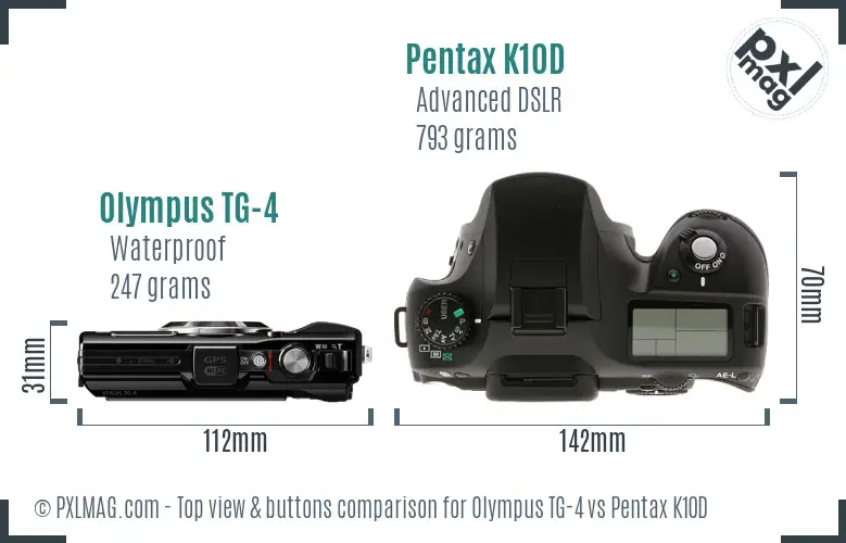 Olympus TG-4 vs Pentax K10D top view buttons comparison