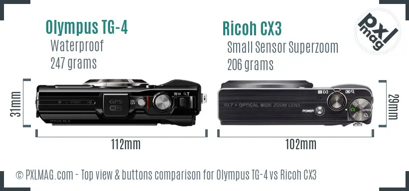 Olympus TG-4 vs Ricoh CX3 top view buttons comparison