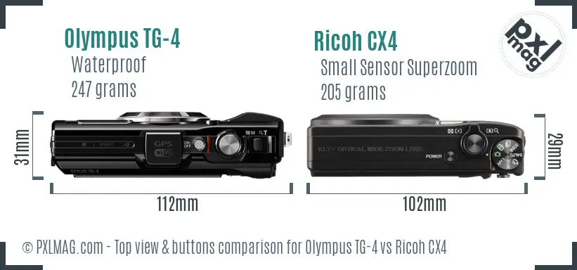 Olympus TG-4 vs Ricoh CX4 top view buttons comparison