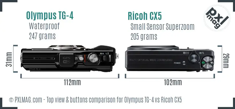 Olympus TG-4 vs Ricoh CX5 top view buttons comparison