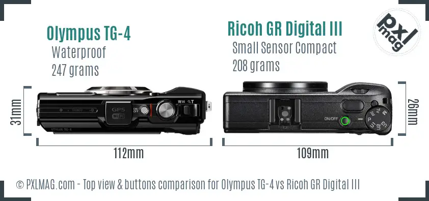 Olympus TG-4 vs Ricoh GR Digital III top view buttons comparison