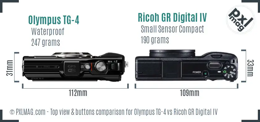 Olympus TG-4 vs Ricoh GR Digital IV top view buttons comparison