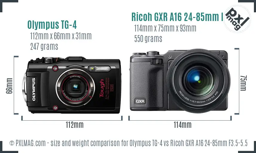 Olympus TG-4 vs Ricoh GXR A16 24-85mm F3.5-5.5 size comparison