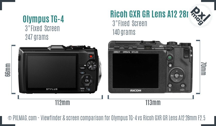 Olympus TG-4 vs Ricoh GXR GR Lens A12 28mm F2.5 Screen and Viewfinder comparison