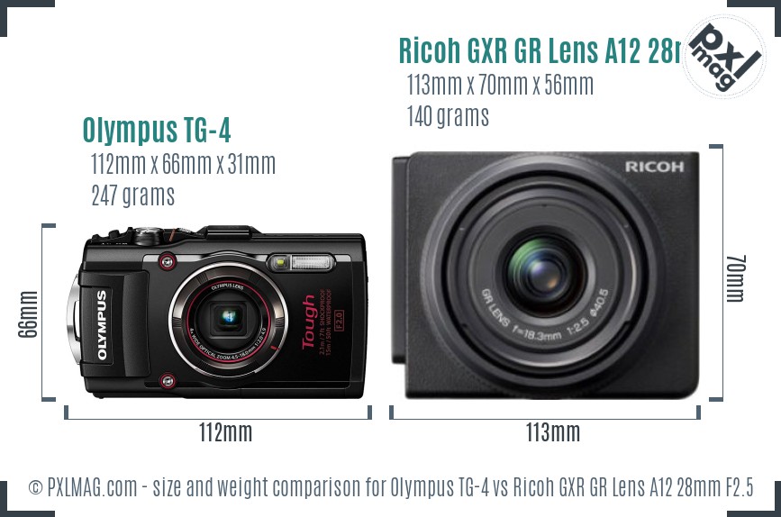 Olympus TG-4 vs Ricoh GXR GR Lens A12 28mm F2.5 size comparison