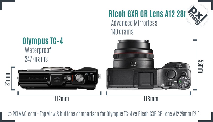 Olympus TG-4 vs Ricoh GXR GR Lens A12 28mm F2.5 top view buttons comparison