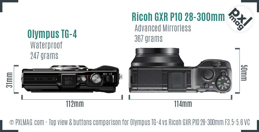 Olympus TG-4 vs Ricoh GXR P10 28-300mm F3.5-5.6 VC top view buttons comparison Olympus TG-4 vs Ricoh GXR P10 28-300mm F3.5-5.6 VC top view buttons comparison