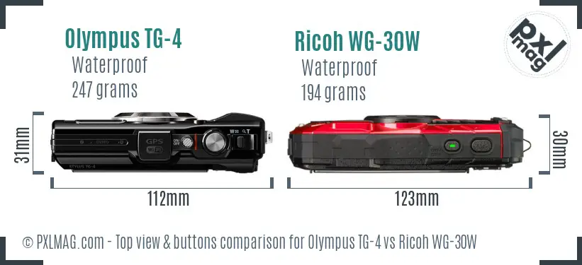 Olympus TG-4 vs Ricoh WG-30W top view buttons comparison