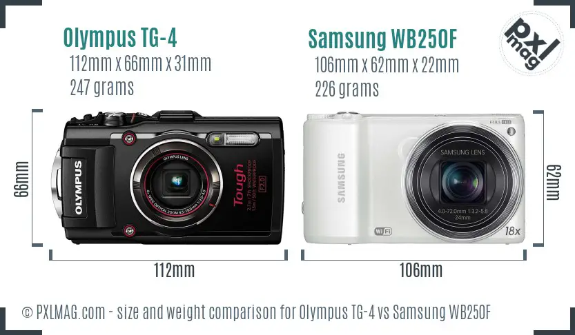 Olympus TG-4 vs Samsung WB250F size comparison