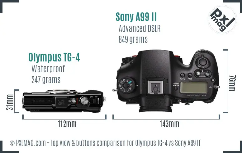 Olympus TG-4 vs Sony A99 II top view buttons comparison