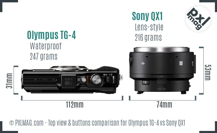 Olympus TG-4 vs Sony QX1 top view buttons comparison