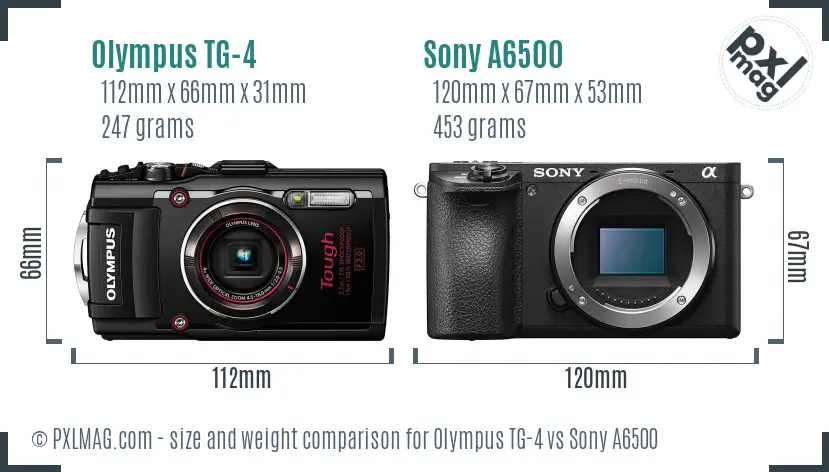 Olympus TG-4 vs Sony A6500 size comparison