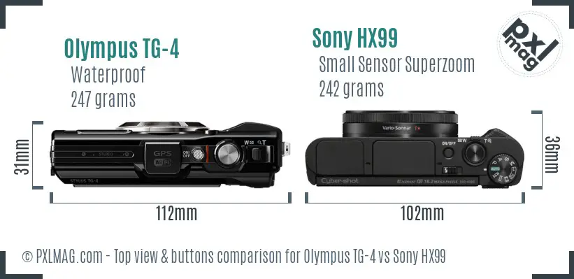 Olympus TG-4 vs Sony HX99 top view buttons comparison Olympus TG-4 vs Sony HX99 top view buttons comparison