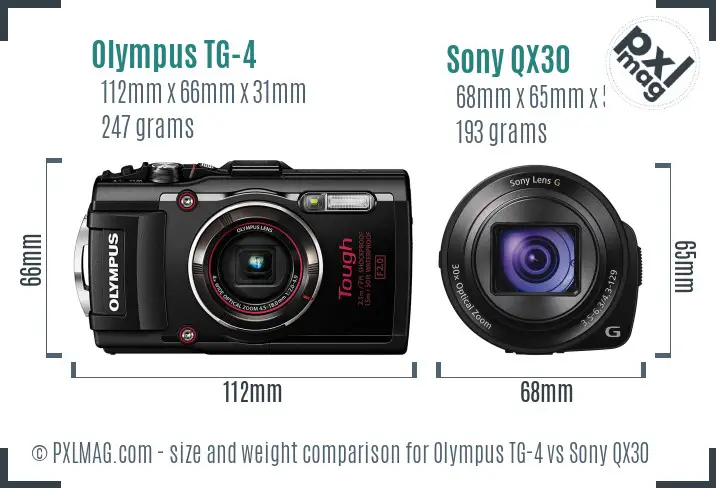 Olympus TG-4 vs Sony QX30 size comparison