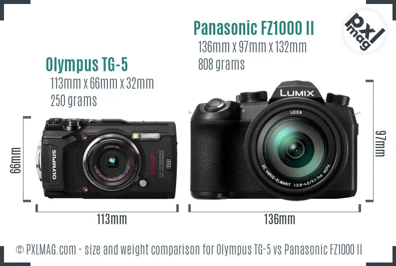 Olympus TG-5 vs Panasonic FZ1000 II size comparison